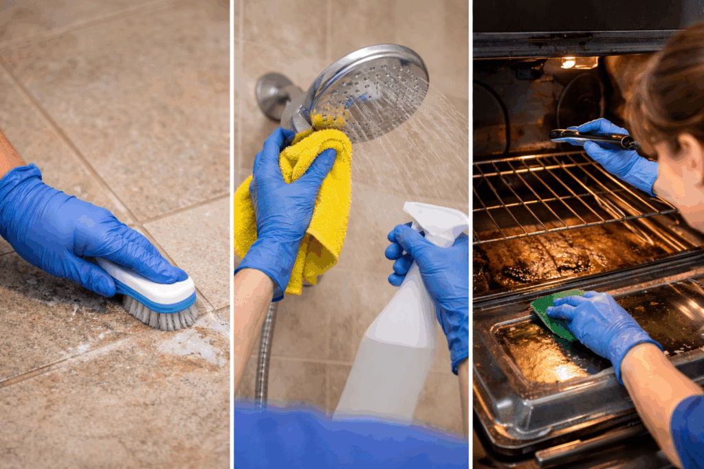 Close-up images of deep cleaning work including scrubbing tile grout, cleaning a showerhead, and removing grease from an oven as part of a deep cleaning SOP.