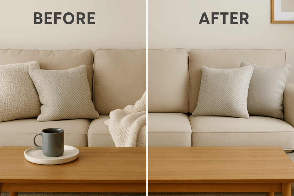 Before and after of a living room corner showing professional finishing touches like aligned pillows and a folded throw blanket