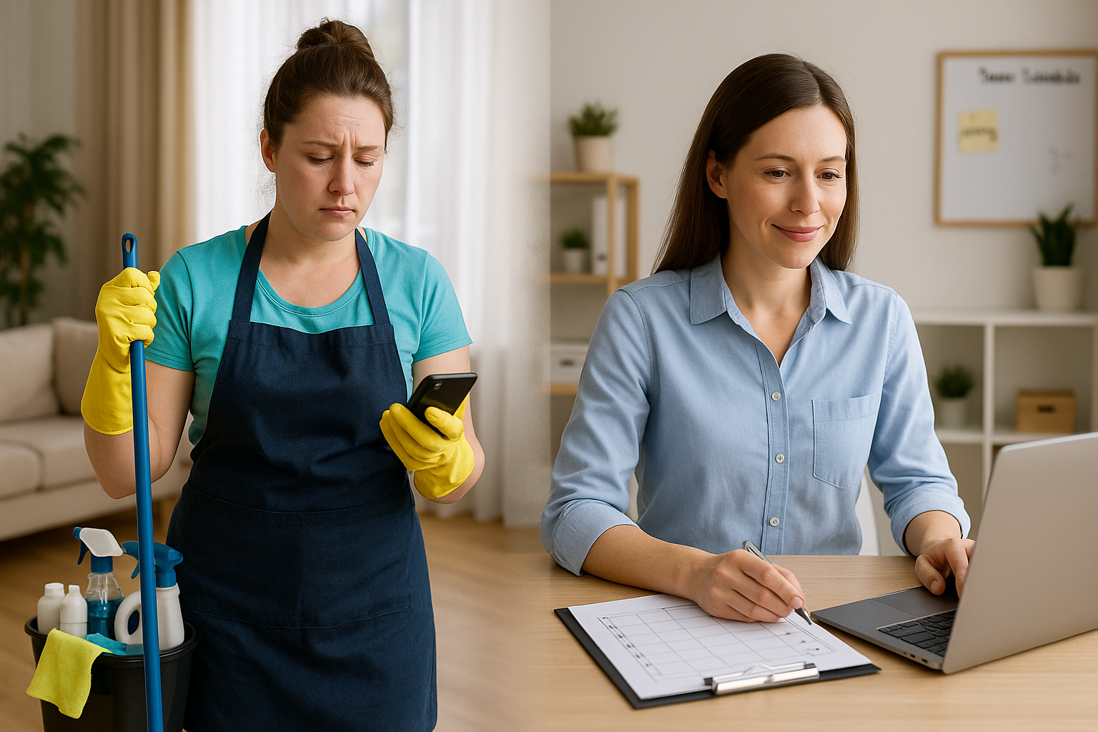 Split image showing an overwhelmed solo cleaner on one side and a confident cleaning business owner working on a laptop on the other, illustrating the shift from doing every job to running the business