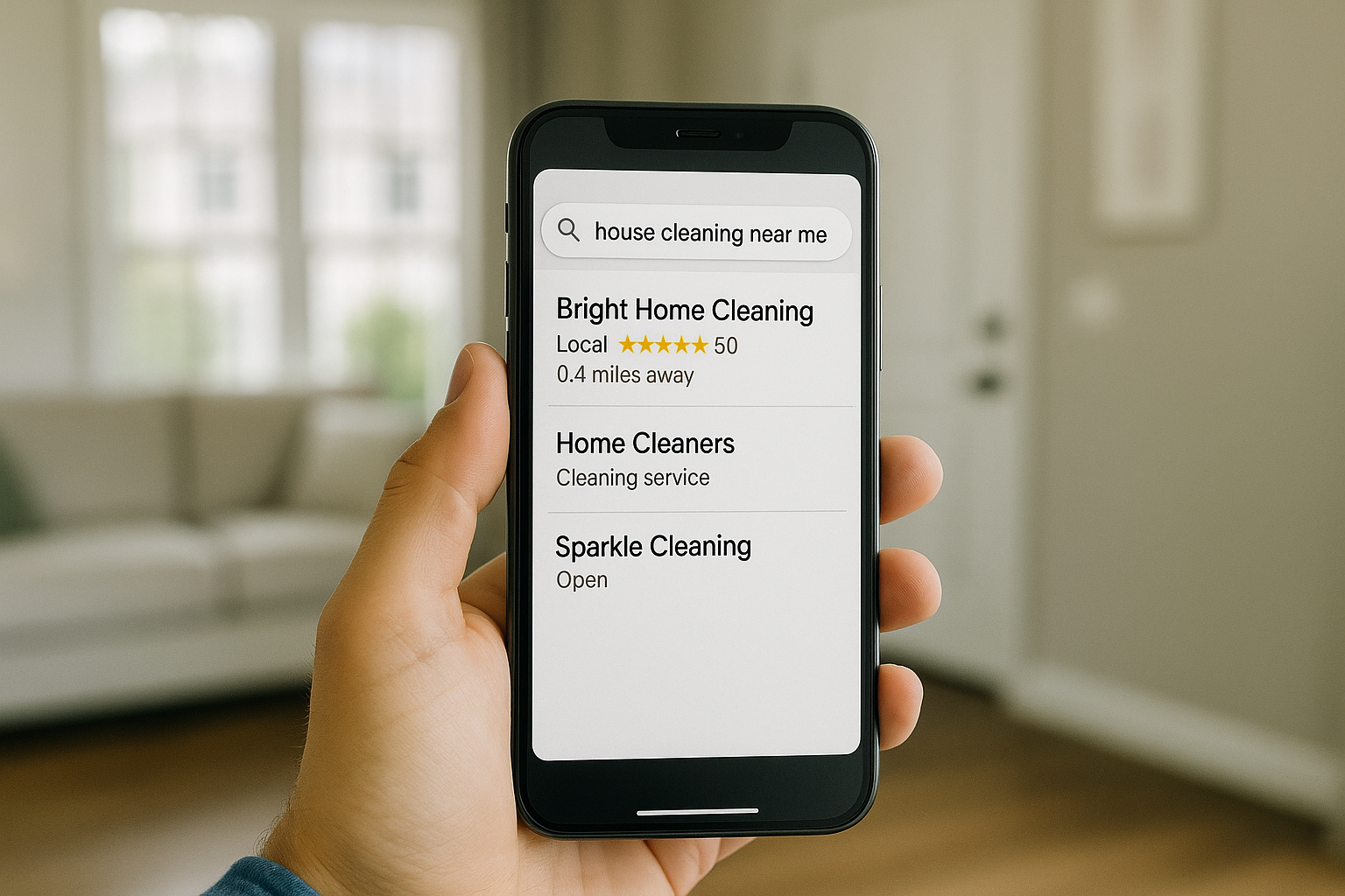 Hand holding a smartphone showing Google search results for “house cleaning near me,” with a local cleaning business ranked first above other cleaning services.