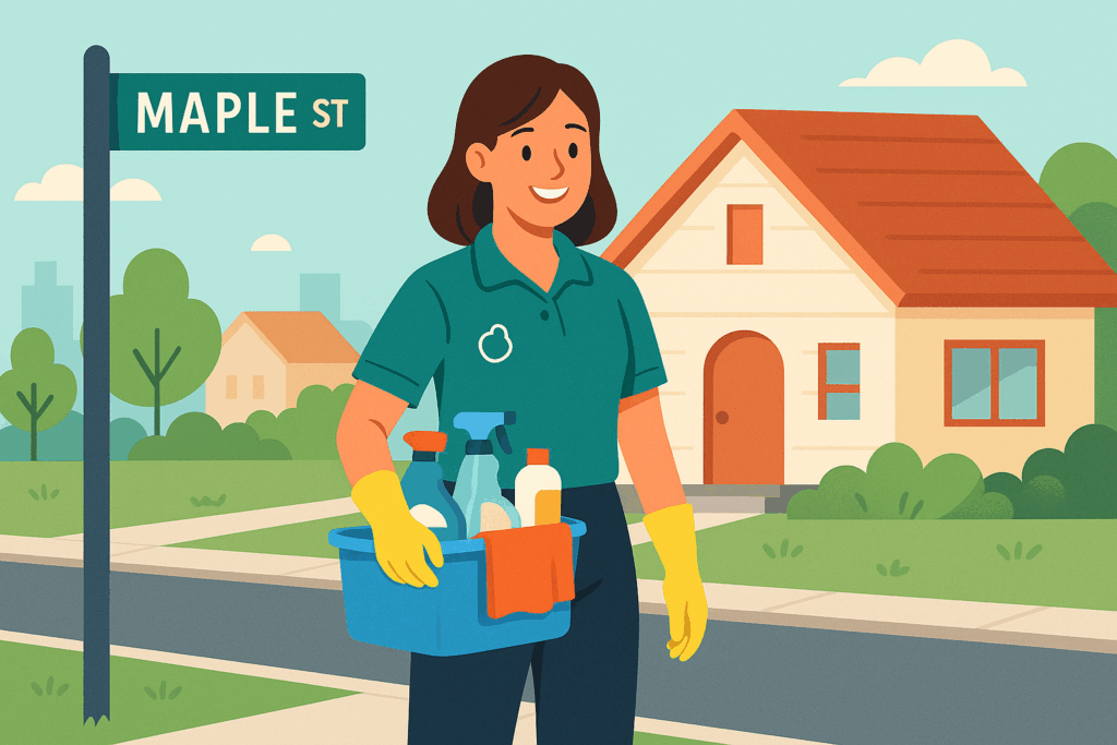 Smiling professional cleaner holding a cleaning caddy in front of a suburban house, representing a friendly local cleaning business.
