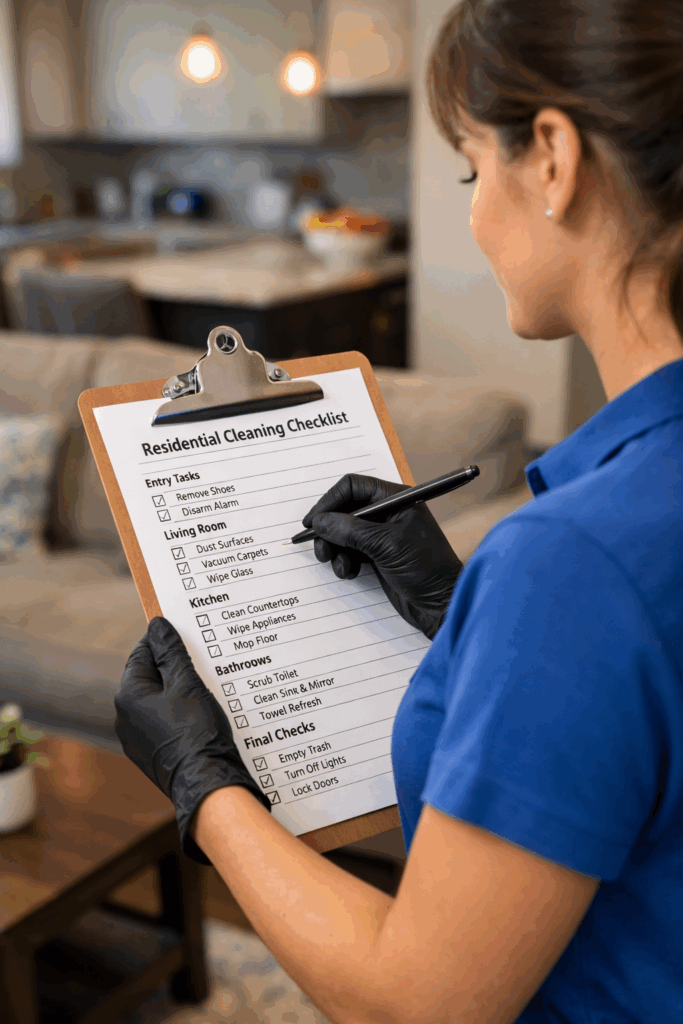 Professional house cleaner checking tasks off a residential cleaning SOP checklist on a clipboard inside a tidy living room.