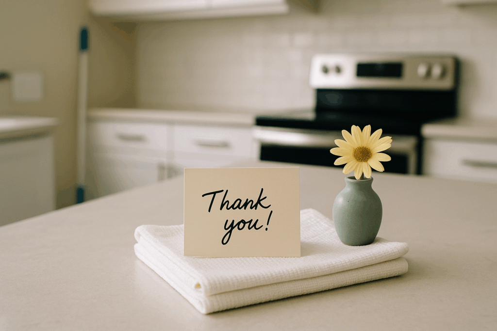 Handwritten thank you card and flower vase on a spotless kitchen counter, showing the personal touch and wow factor of a small cleaning company.