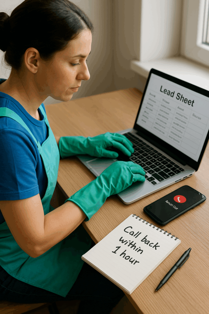 Cleaning business owner tracking new leads from website, social media, and phone calls in a simple system