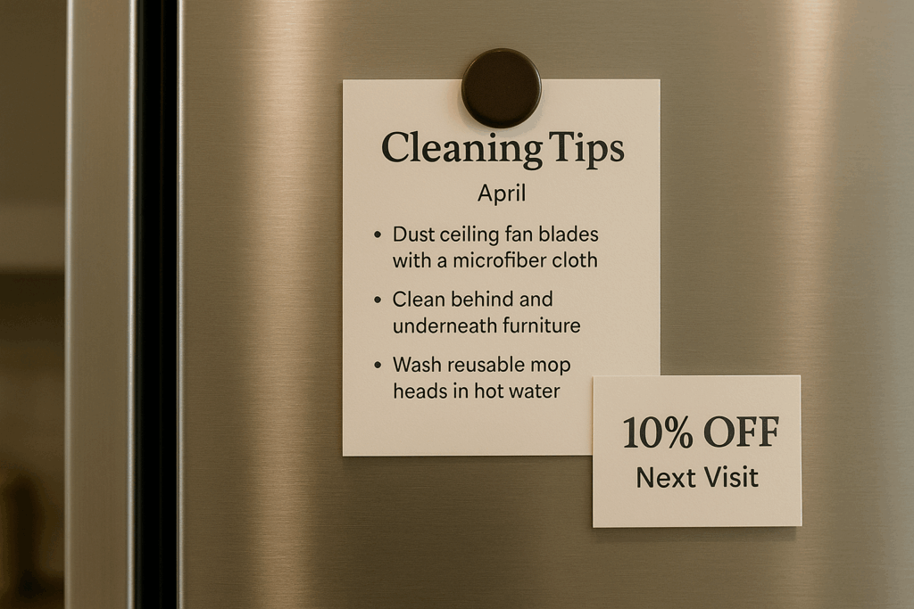 Monthly cleaning tips note and next-visit reminder card displayed on a refrigerator with a magnet