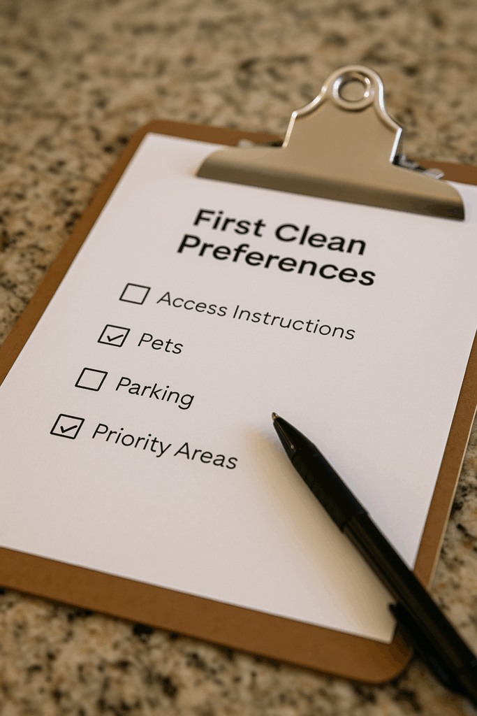 First clean preferences checklist on a clipboard with checkboxes for access, pets, parking, and priority areas