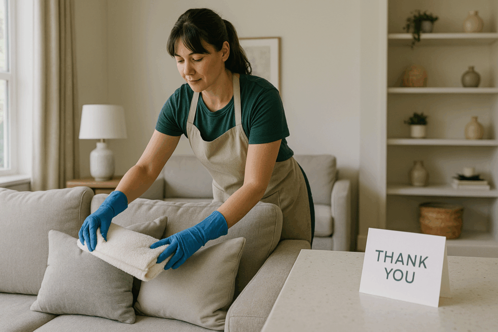 Cleaner finishing a first-time service with small details like a thank-you card and tidy presentation to build loyalty