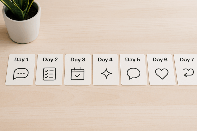 : Seven-day onboarding plan for a cleaning business showing day-by-day client communication and follow-up steps