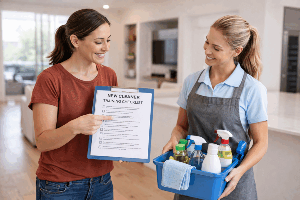 Cleaning business owner training a new cleaner using a day one checklist
