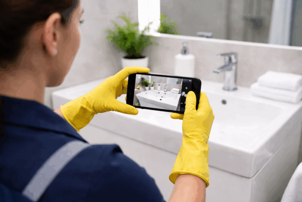 Cleaner taking post-clean photos of a bathroom as part of a cleaning business quality control system