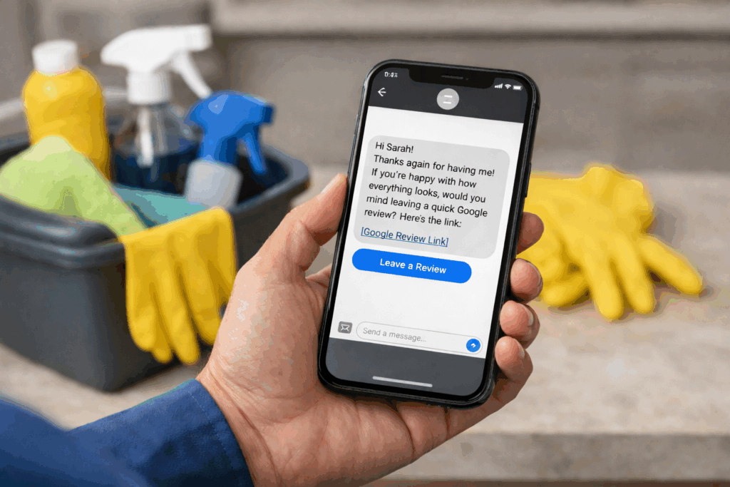 Cleaner holding a phone with a text message asking a client to leave a Google review, with cleaning supplies in the background