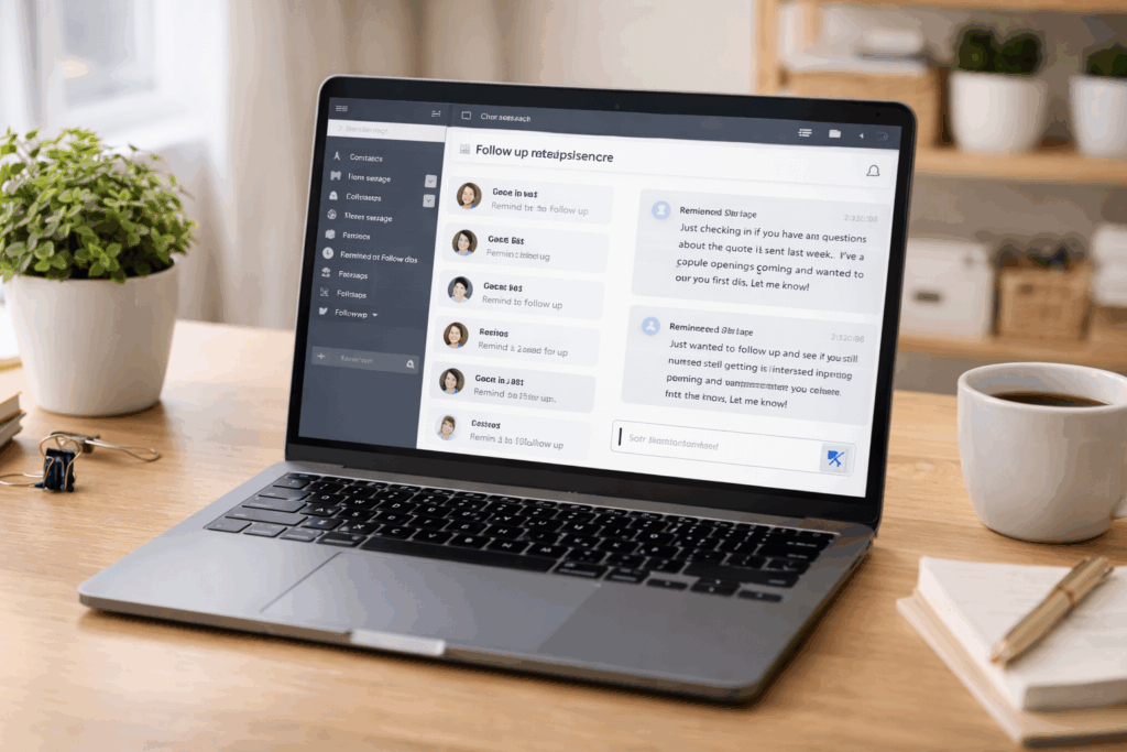 Laptop displaying a CRM inbox with follow-up messages for cleaning service leads