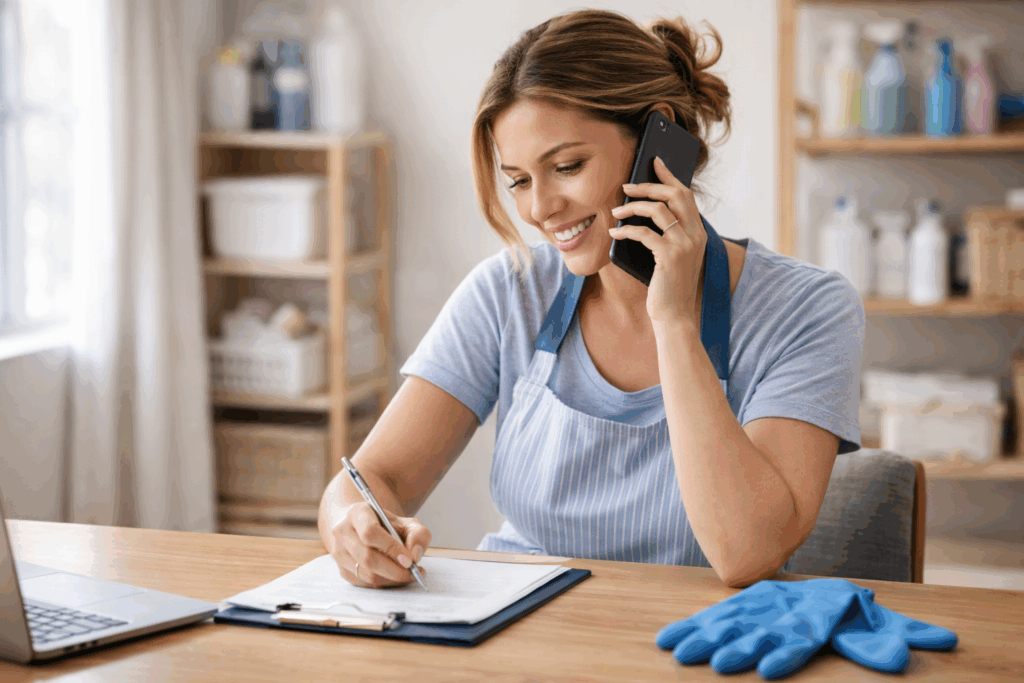 Cleaning business owner taking a phone call and writing down cleaning service pricing details