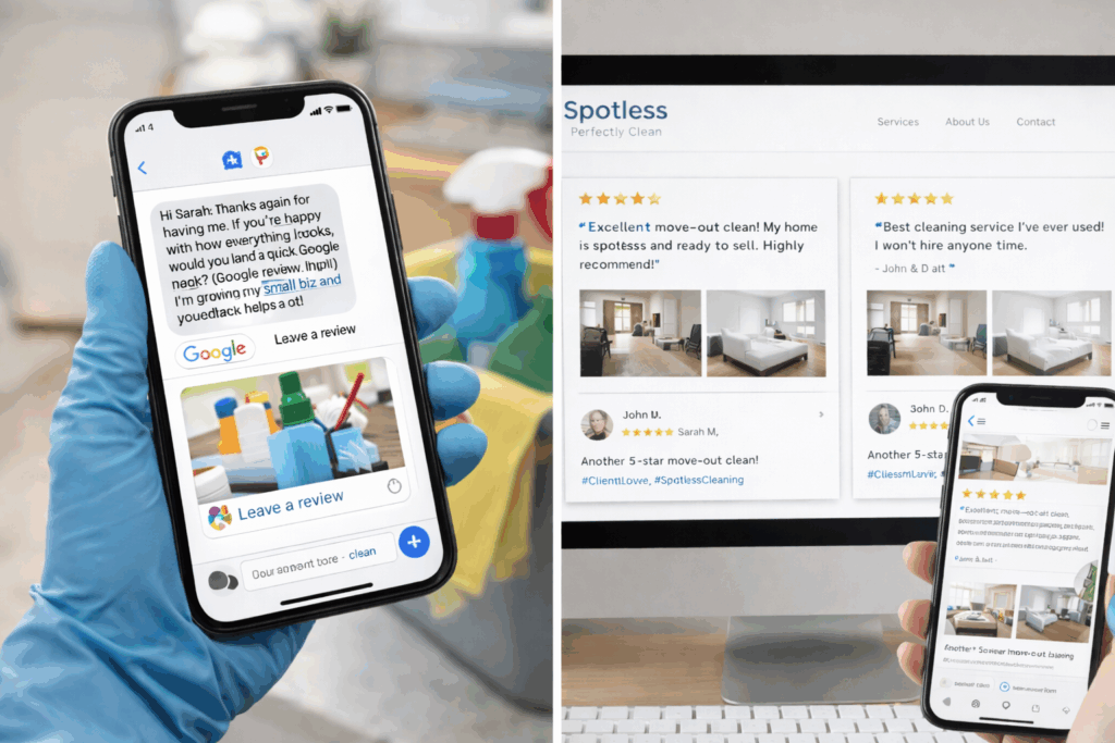 Cleaning service website and social media showing customer reviews with star ratings and before-and-after photos