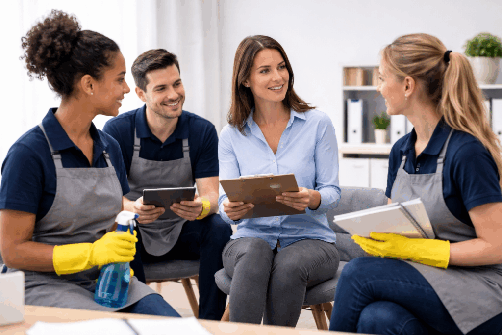 Cleaning business owner reviewing quality standards and feedback with cleaning team