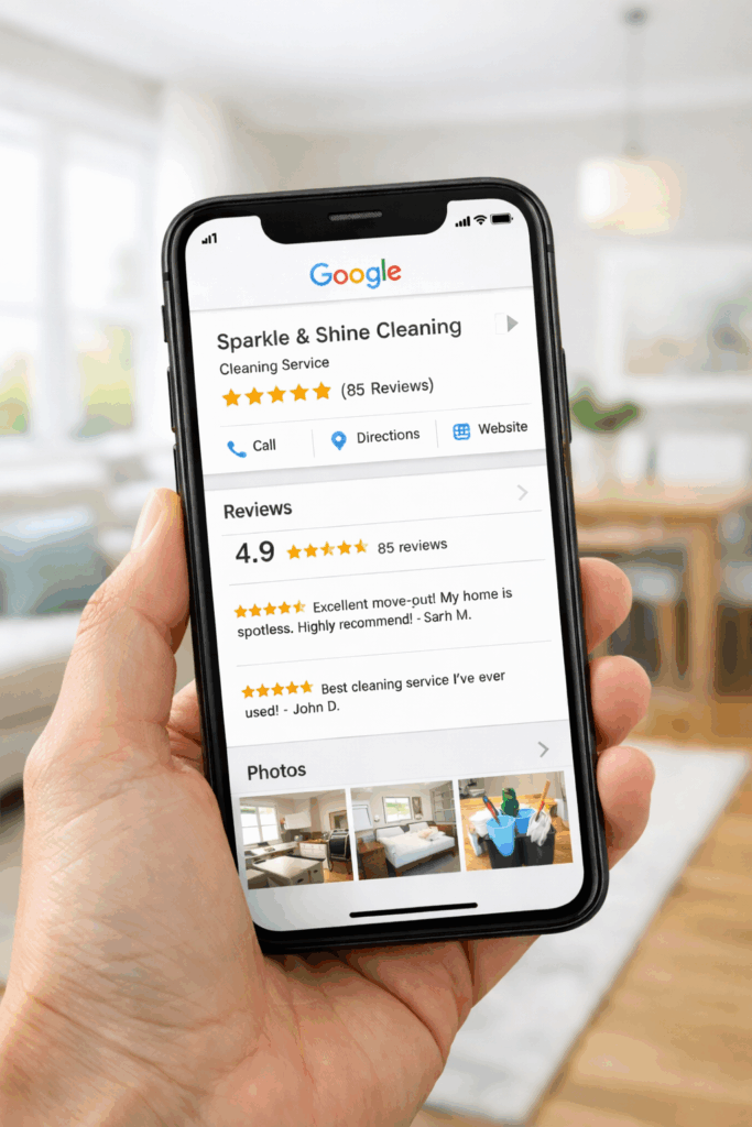 Smartphone showing a Google Business Profile with 5-star reviews for a local cleaning service in a modern home