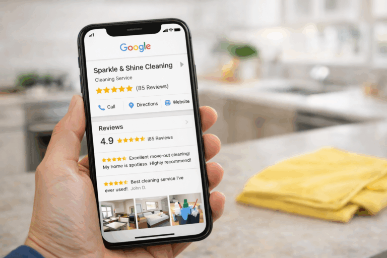 Smartphone showing a Google Business Profile with 5-star reviews for a professional cleaning service in a modern home