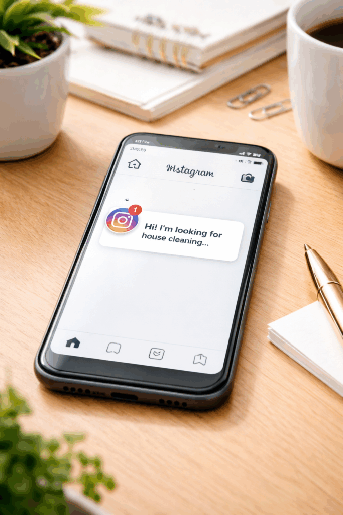 Smartphone showing a new Instagram message from a potential house cleaning client