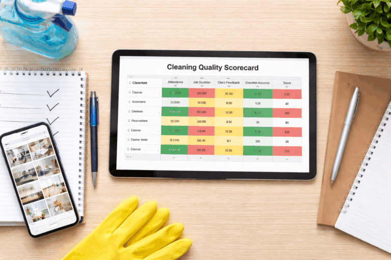 Cleaning business quality control system showing performance tracking and client feedback layout