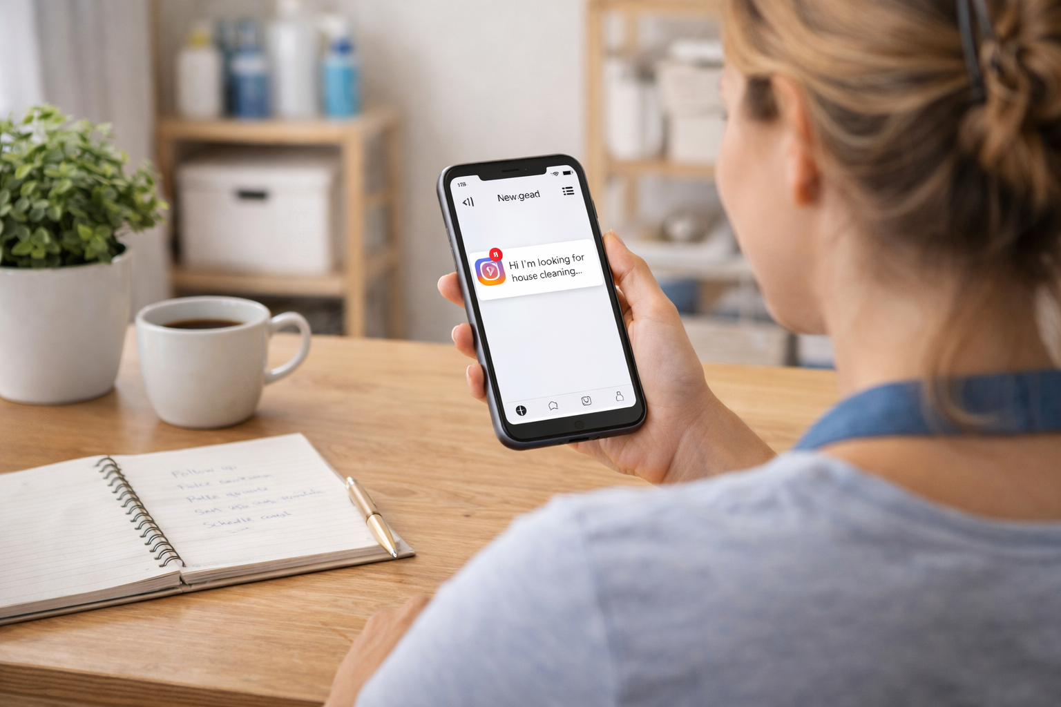 Cleaning business owner reviewing a new house cleaning inquiry on their phone