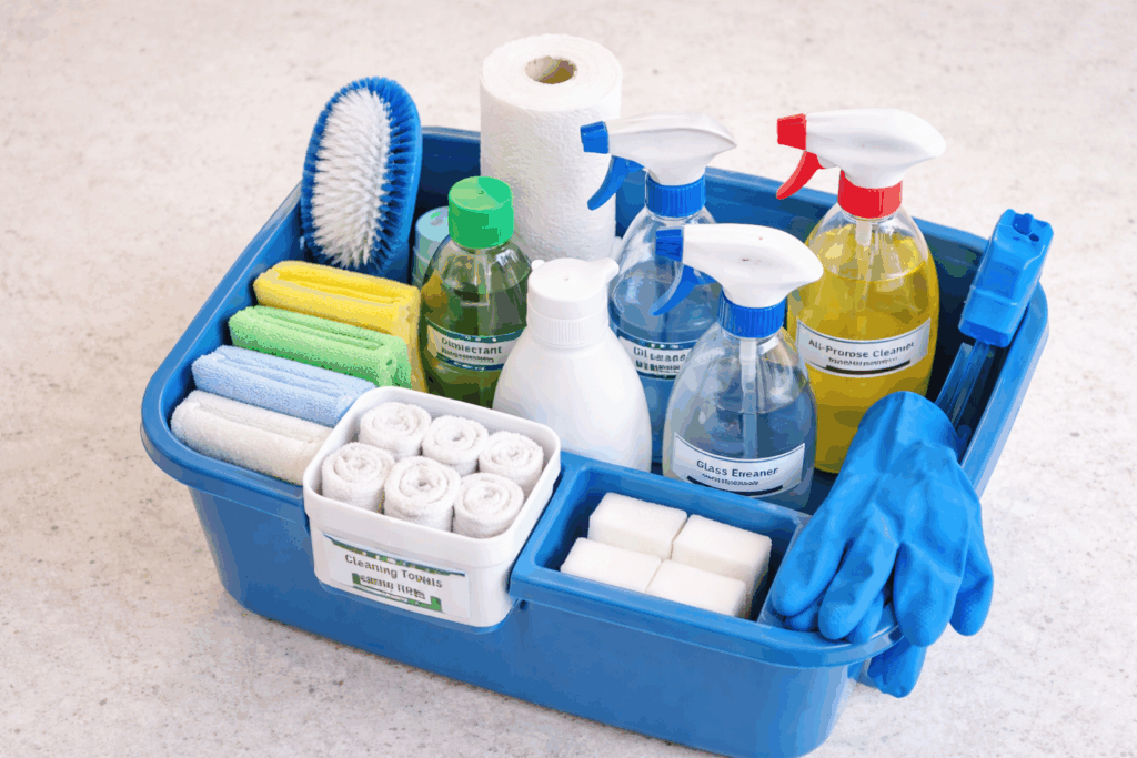 Standardized cleaning supplies caddy used for cleaner training and onboarding