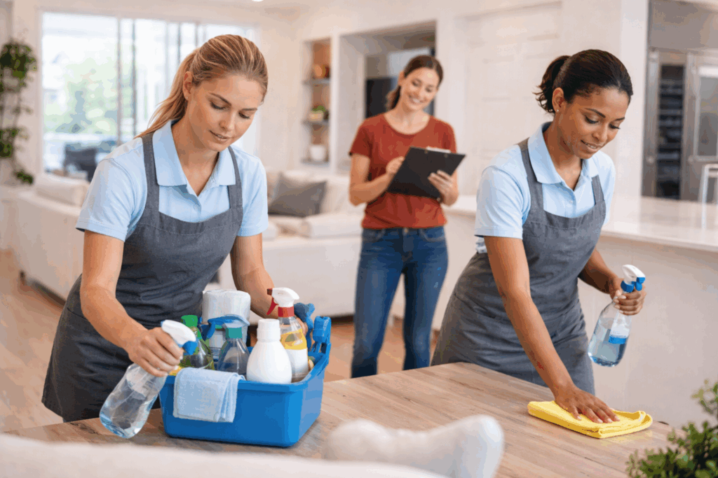 Cleaning business owner overseeing a trained team working independently