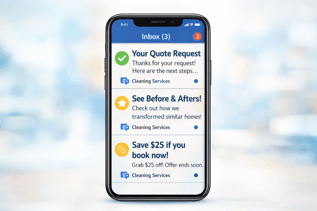 Smartphone displaying automated follow-up emails from a cleaning business after a quote request.