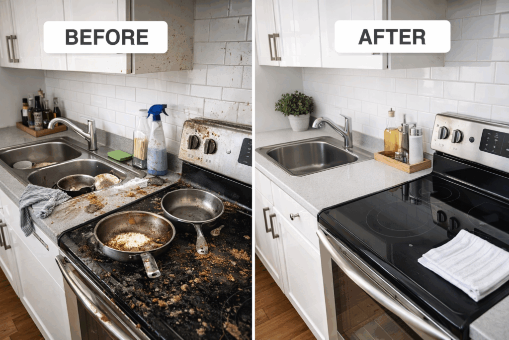 Before and after example of a professionally cleaned kitchen