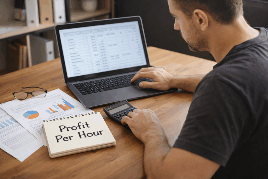 cleaning business owner calculating profit per hour from urgent cleaning job