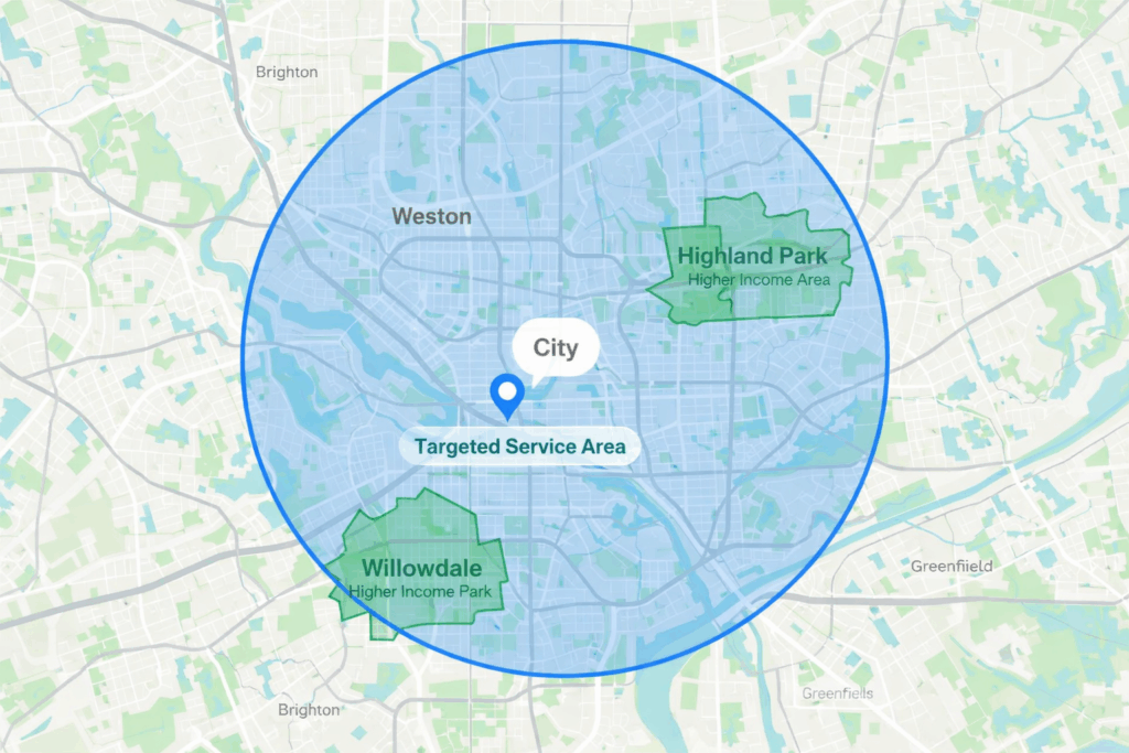 Map showing a cleaning business service area targeting nearby higher-income neighborhoods