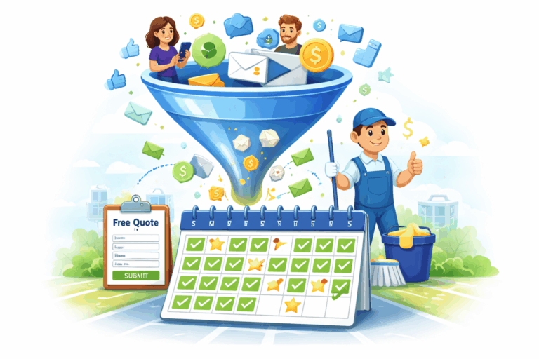 Illustration of website visitors entering a marketing funnel and turning into booked cleaning appointments on a full calendar.