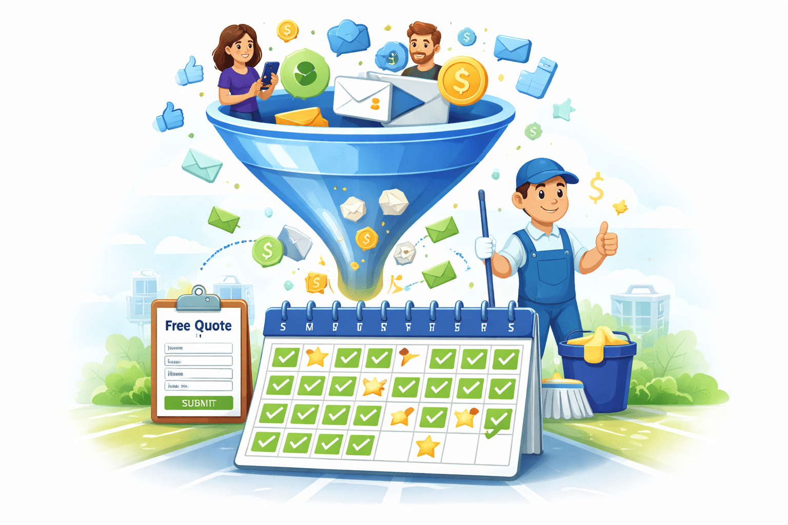 Illustration of website visitors entering a marketing funnel and turning into booked cleaning appointments on a full calendar.