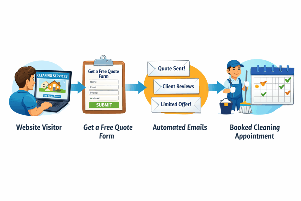 Flowchart showing a cleaning website visitor submitting a quote form, receiving automated emails, and becoming a booked appointment.