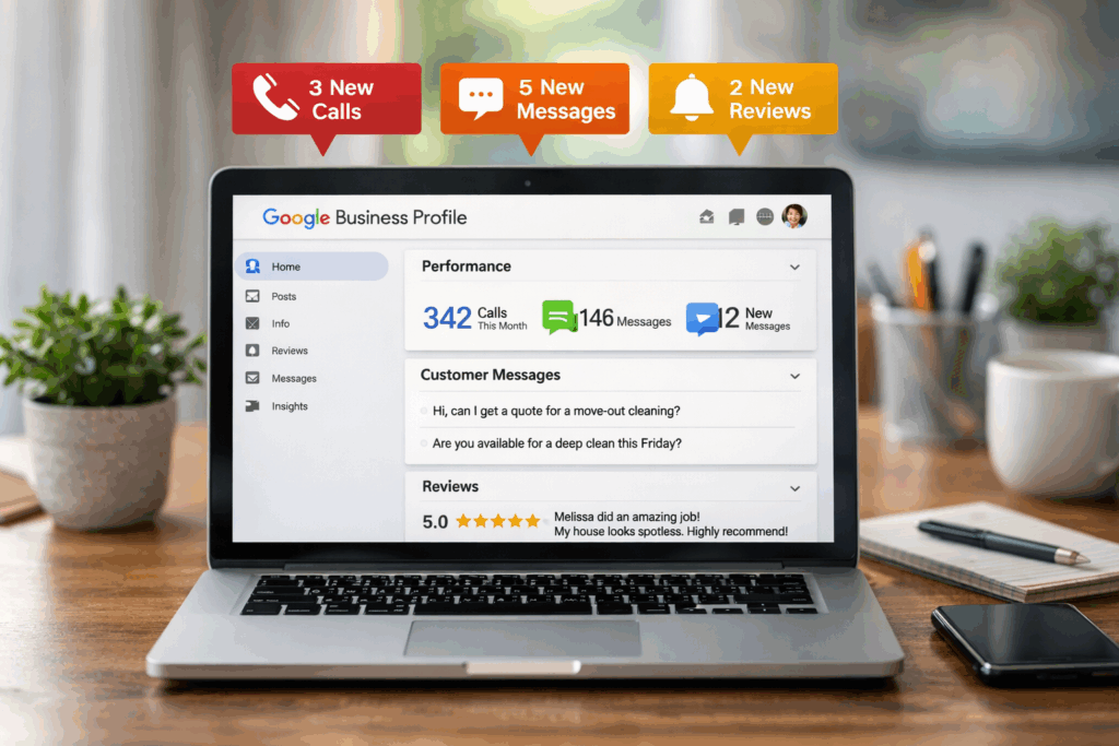 Google Business Profile dashboard showing new customer messages, calls, and reviews for a cleaning business