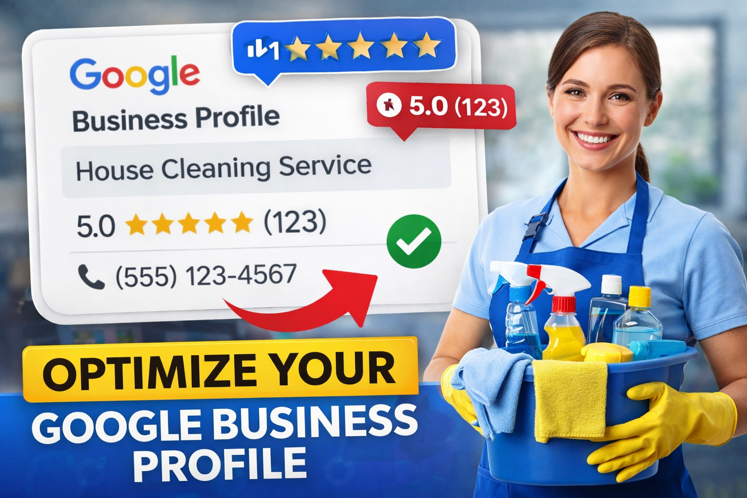 Cleaning professional holding supplies next to a Google Business Profile listing with five-star reviews