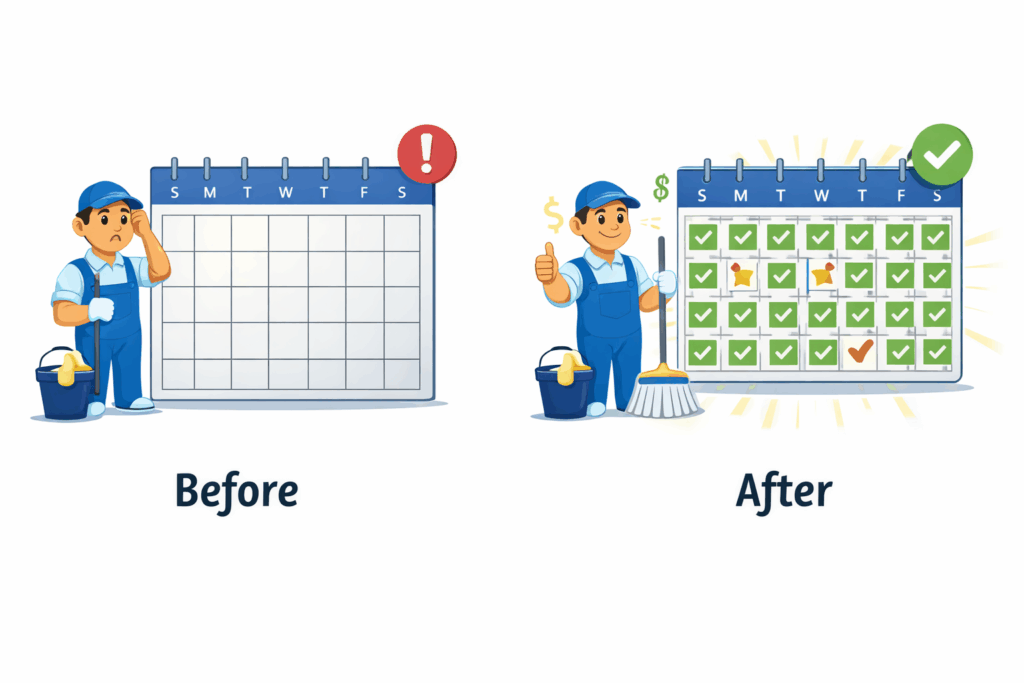 Before-and-after illustration of a cleaning business calendar changing from empty to fully booked.