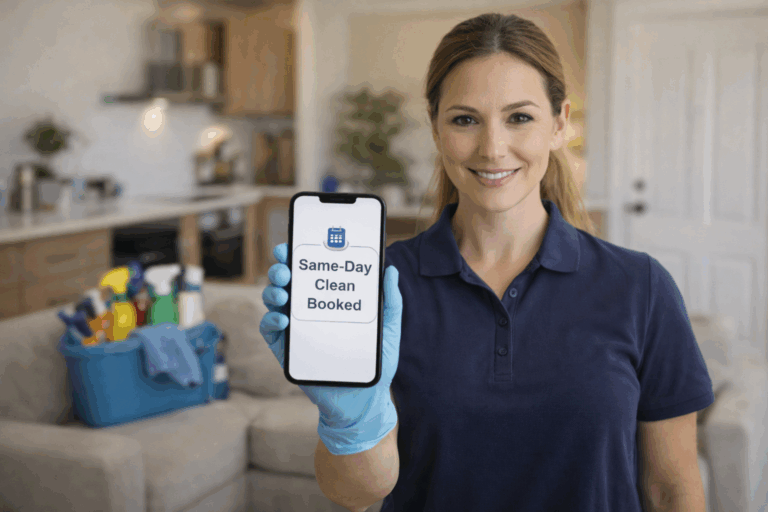 professional house cleaner offering same day cleaning service in modern home