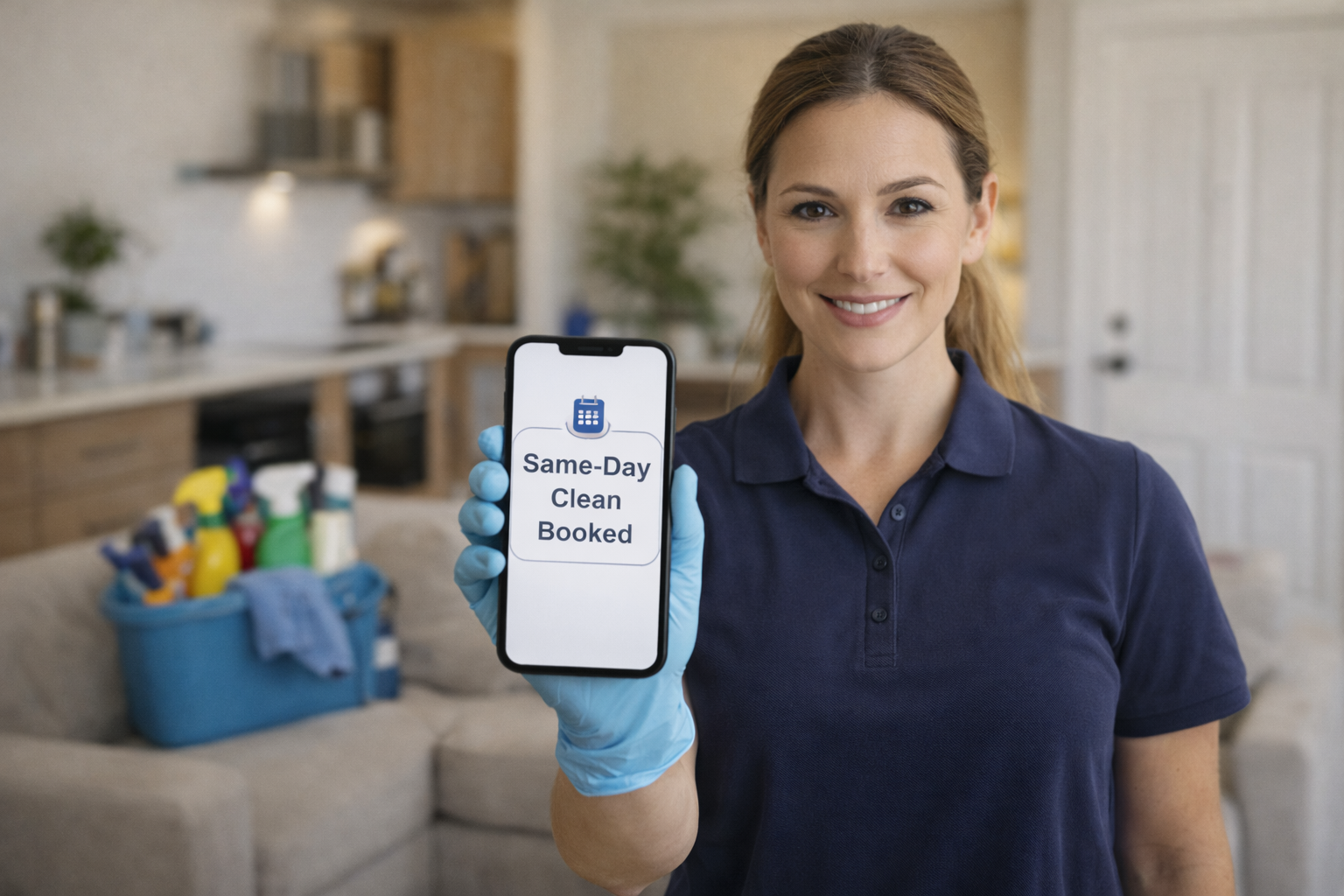 professional house cleaner offering same day cleaning service in modern home