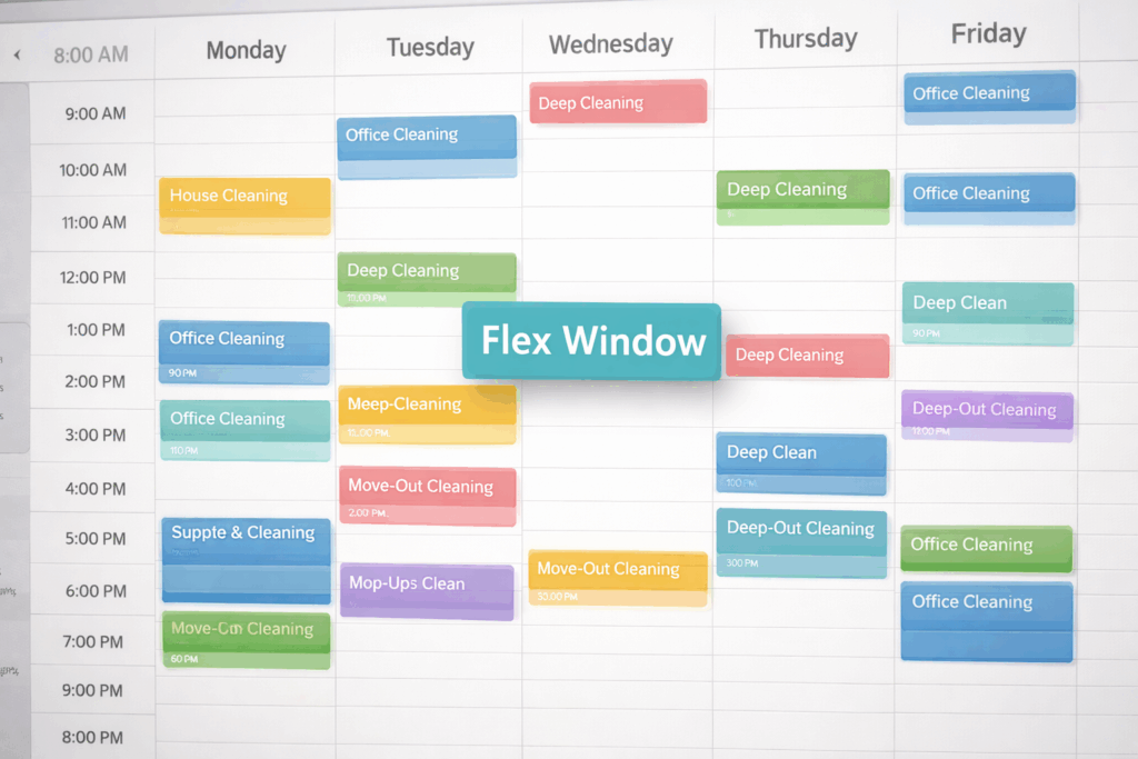 Weekly cleaning business schedule with flex window reserved for urgent bookings