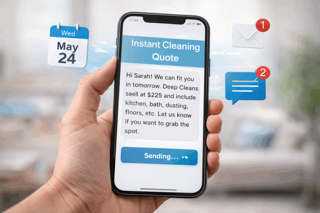 Smartphone sending instant cleaning service quote with automated scheduling notifications