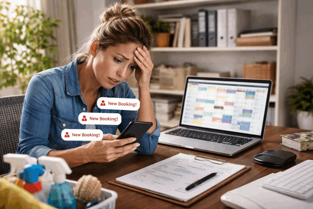 Stressed cleaning business owner managing last minute booking requests on phone