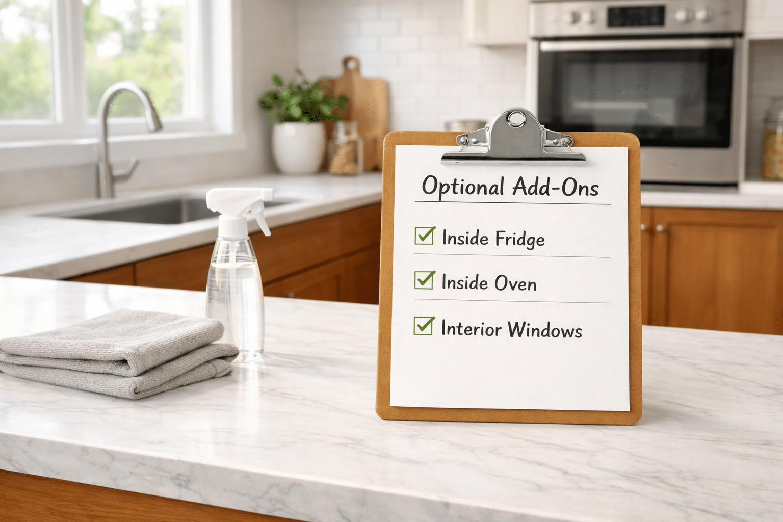 Sunlit kitchen with optional add-on cleaning services list for inside fridge, inside oven, and interior windows