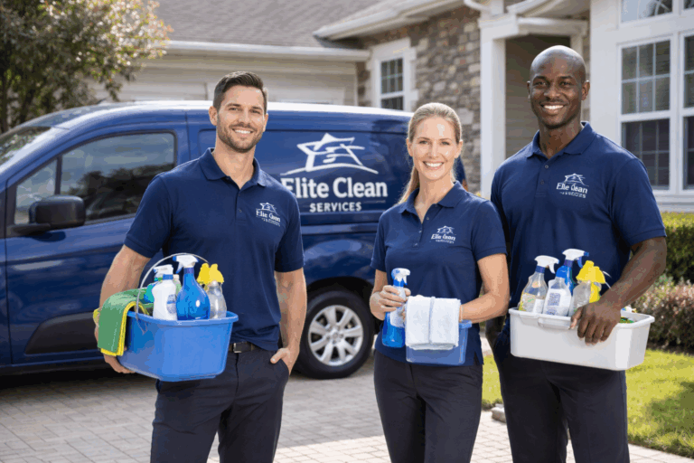 Professional cleaning team in branded uniforms standing by company vehicle outside a residential home