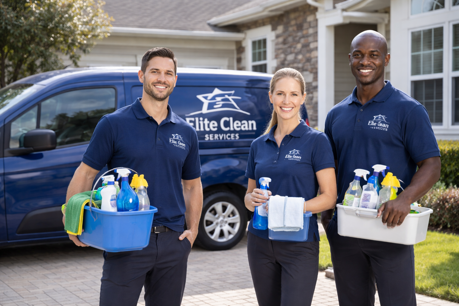 Professional cleaning team in branded uniforms standing by company vehicle outside a residential home