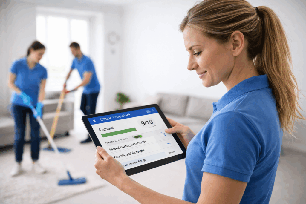 Cleaning team lead reviewing customer feedback on a tablet while cleaners work in the background