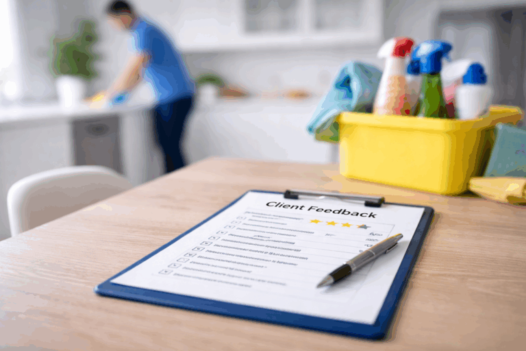 Client feedback form on a kitchen table with cleaning supplies and a cleaner working in the background
