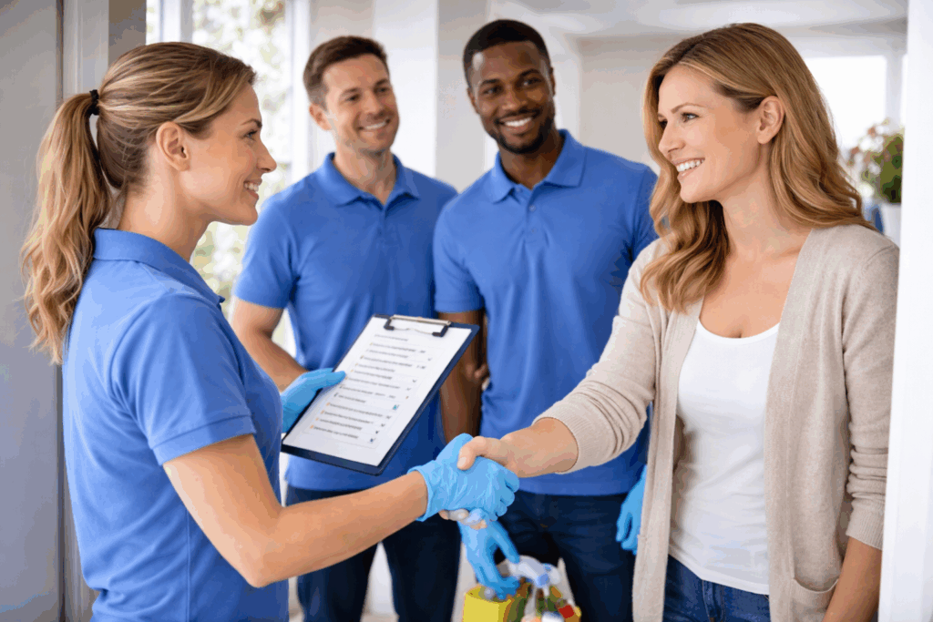 Happy client thanking a residential cleaning team at the front door after a successful home cleaning service