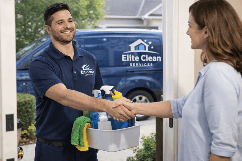 Professional house cleaner greeting homeowner at front door with branded vehicle and organized supplies nearby