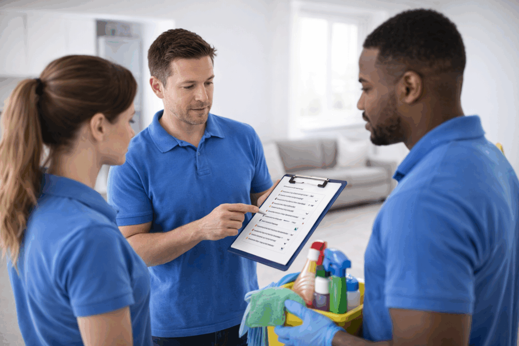 Small residential cleaning team reviewing a checklist together before starting work in a client’s home
