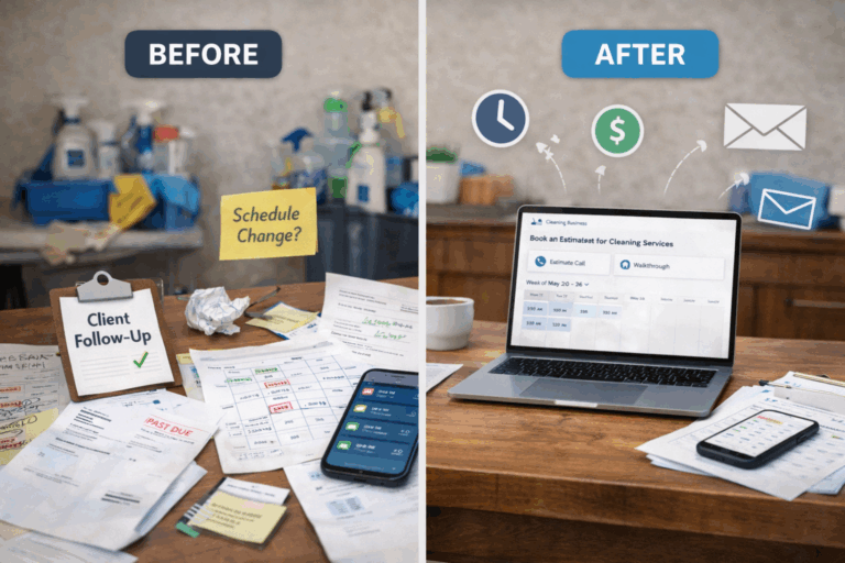 Split image showing chaotic cleaning business admin on one side and an organized automated workflow on the other